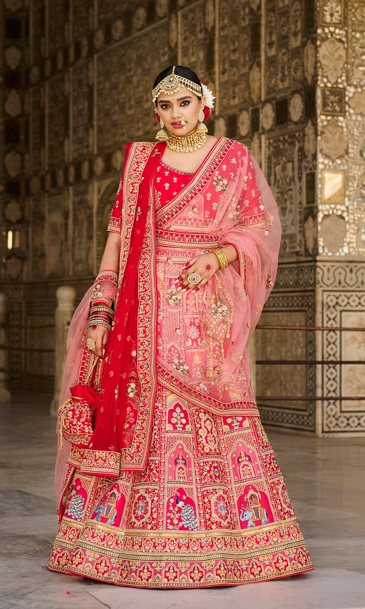 Crimson Red Silk Bridal Lehenga Choli with Heavy Thread Embroidery and –  Ethnos