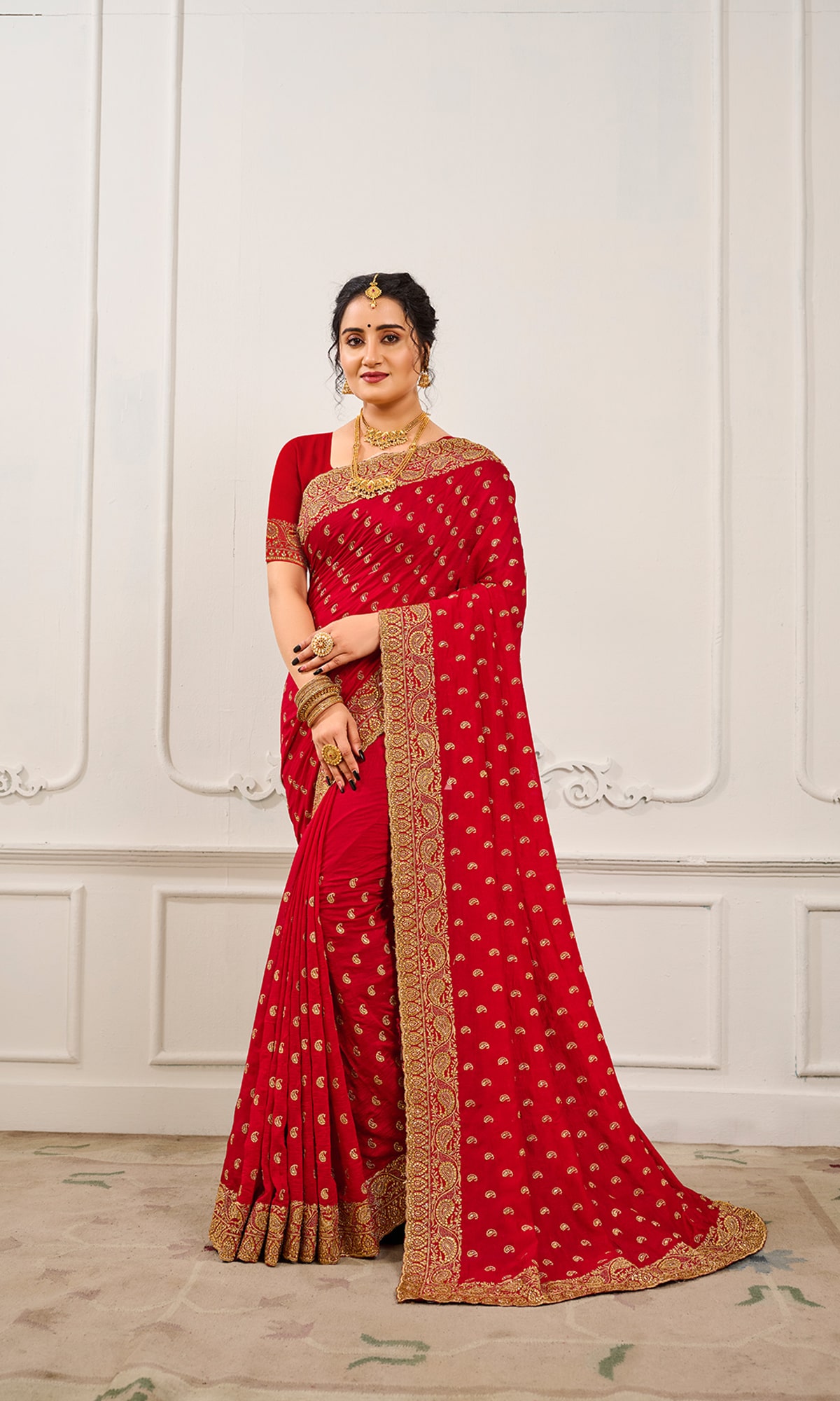 Beige and Red Color Heavy Embroidery Work Bridal Wear Saree – fashionnaari