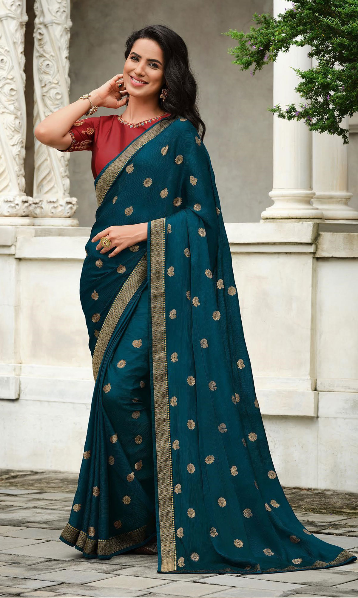 Blue Chiffon Saree With Embroidery Work And Fancy Border - Vishal Prints -  3968162