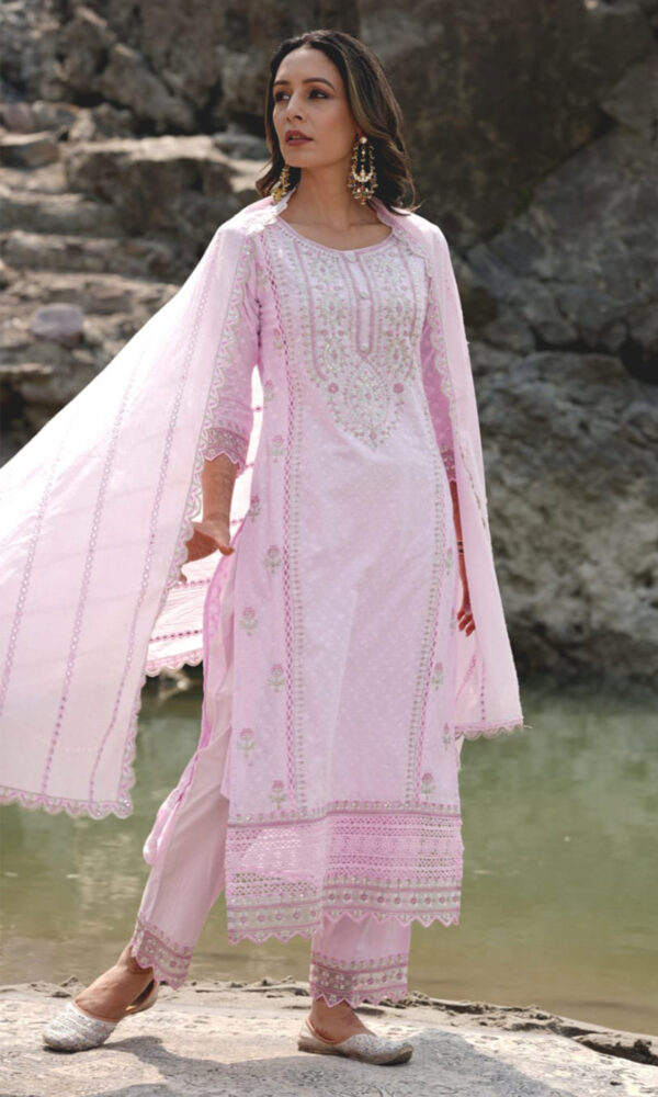 Pink women's kurta set with neck embroidery and mirror work on dupatta
