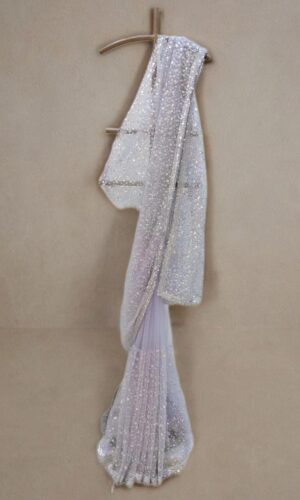 image of light lavender color sequin embroidered net saree