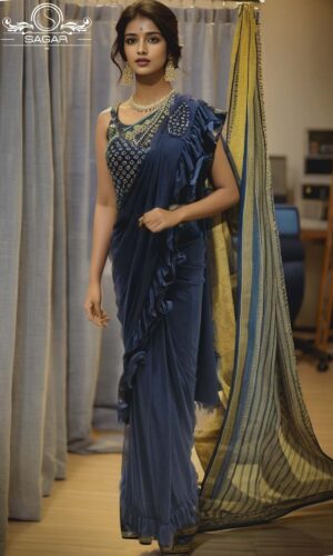 model wearing navy blue readymade saree
