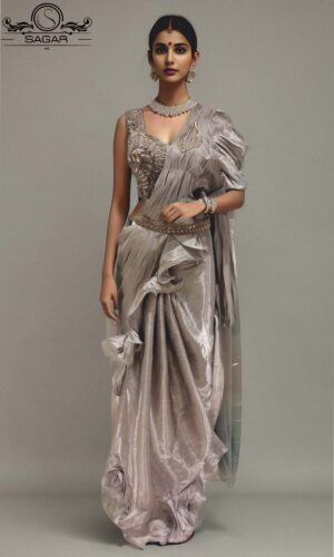 Model wearing silver grey readymade saree.
