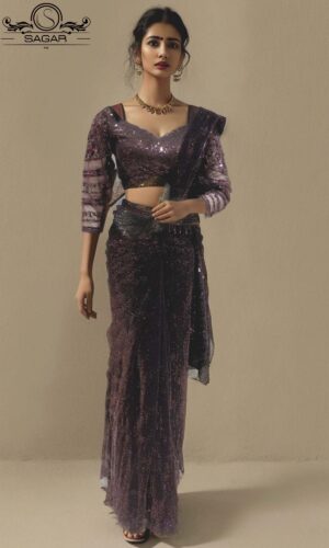 Model wearing dark purple ready to wear saree