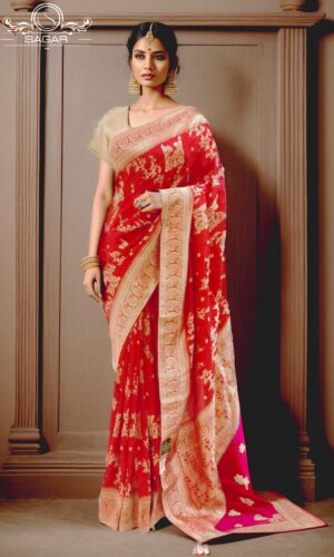 Model wearing red silk saree