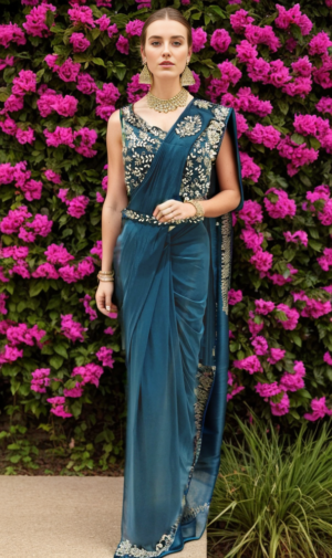 model wearing kerosene blue ready to wear saree