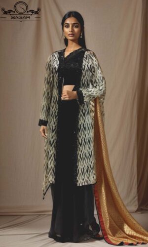 model wearing black readymade saree