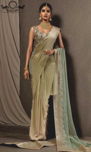 model wearing golden readymade saree