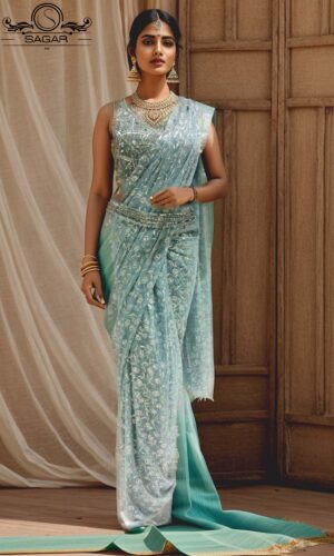 model wearing sky blue ready to wear saree