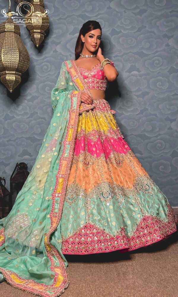 model wearing multicolor designer lehenga