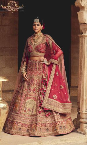 model wearing rani red bridal lehenga
