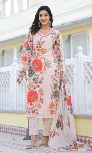 Pure cotton straight kurta set featuring intricate embroidery and elegant floral prints