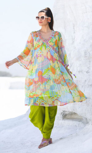 Image of a trendy printed kurta set for women, featuring a floral printed kurta paired with stylish dhoti pants