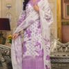 White kurti with a lavender color print, featuring a stylish and delicate design