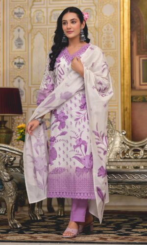 White kurti with a lavender color print, featuring a stylish and delicate design