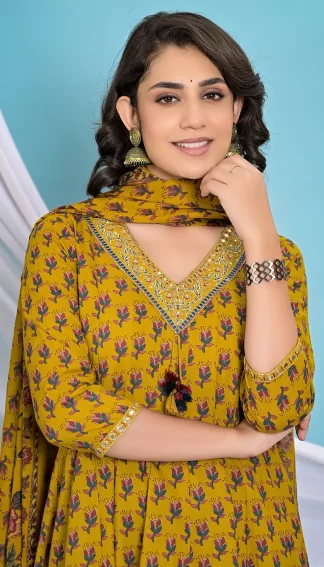 Mustard Yellow Floral Print Kurti Set