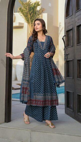 Indigo Blue Anarkali Cotton Kurta Set with Ajrakh Print Dupatta