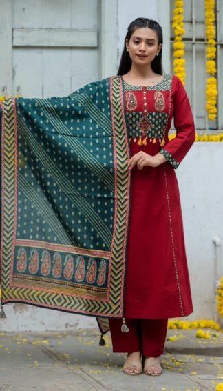 Maroon Cotton Kurta Set with Printed Dupatta & Tassel Detailing