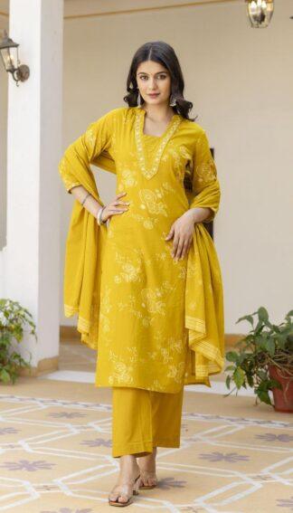 Mustard Cotton Kurta Set with Floral Embroidery