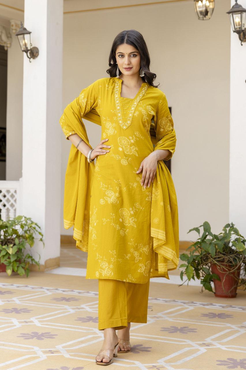 Mustard Cotton Kurta Set with Floral Embroidery