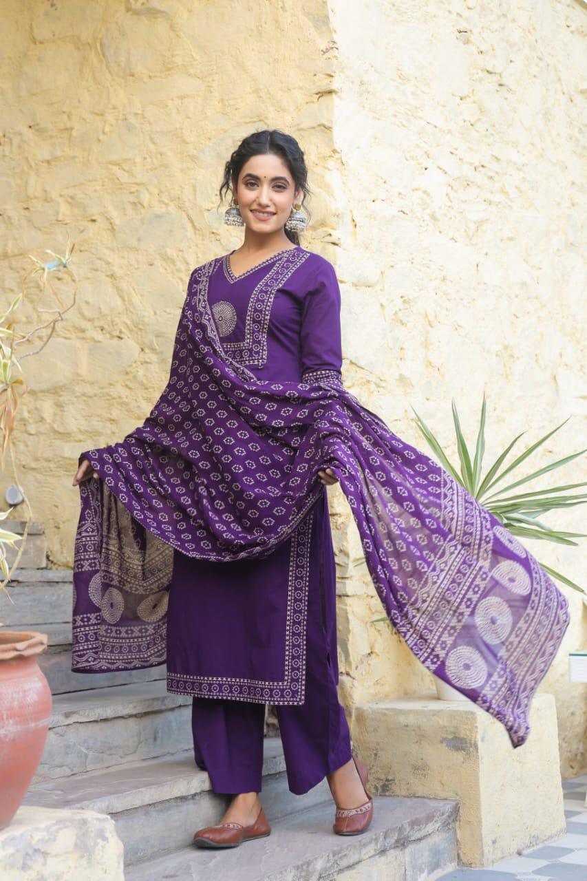 Royal Purple Cotton Kurta Set with Dupatta