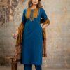 Teal Blue Cotton Suit Set with Mustard Embroidered Yoke & Printed Dupatta