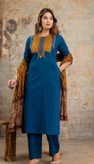 Teal Blue Cotton Suit Set with Mustard Embroidered Yoke & Printed Dupatta