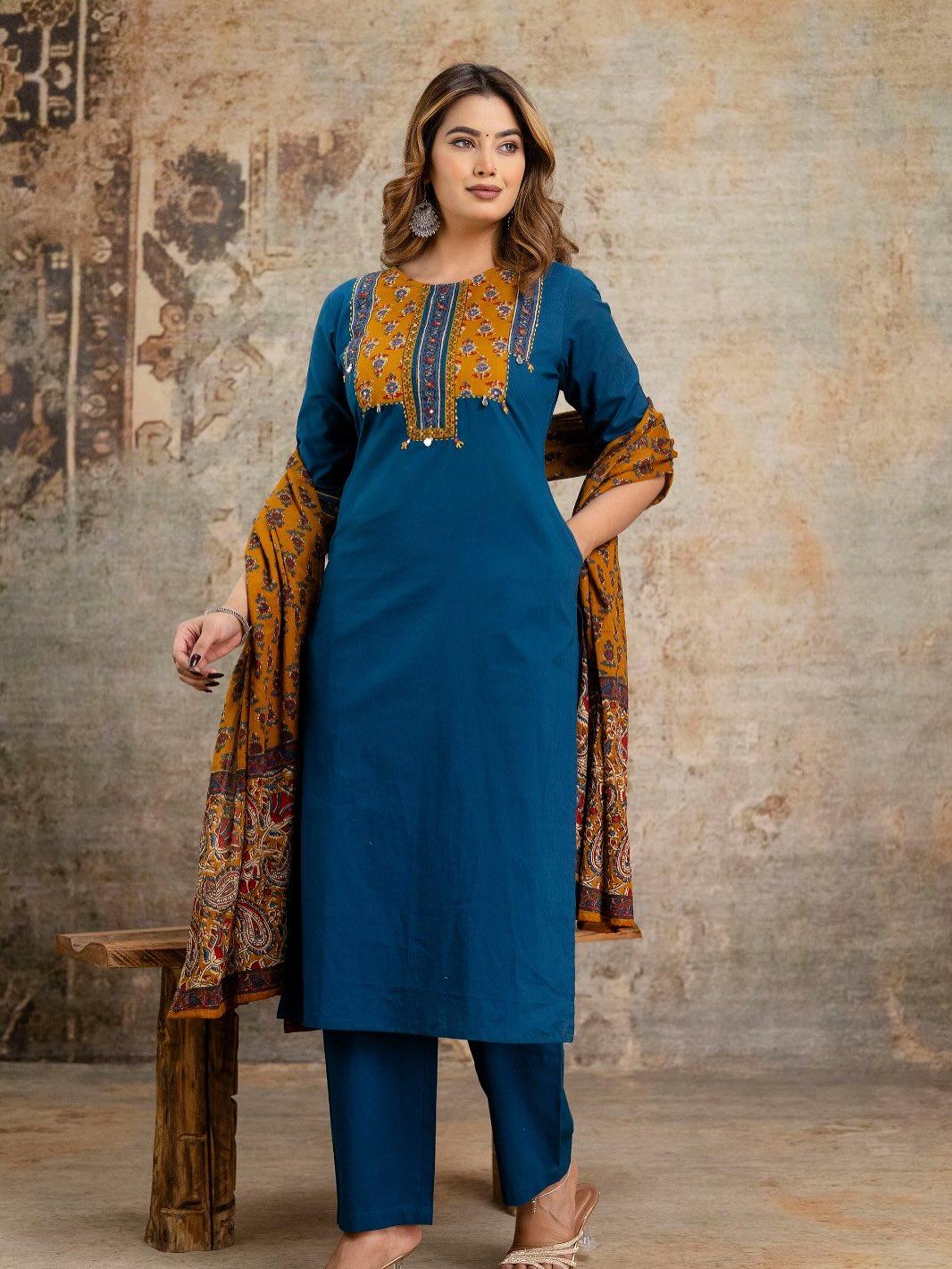 Teal Blue Cotton Suit Set with Mustard Embroidered Yoke & Printed Dupatta