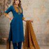 Teal Blue Cotton Suit Set with Mustard Embroidered Yoke & Printed Dupatta