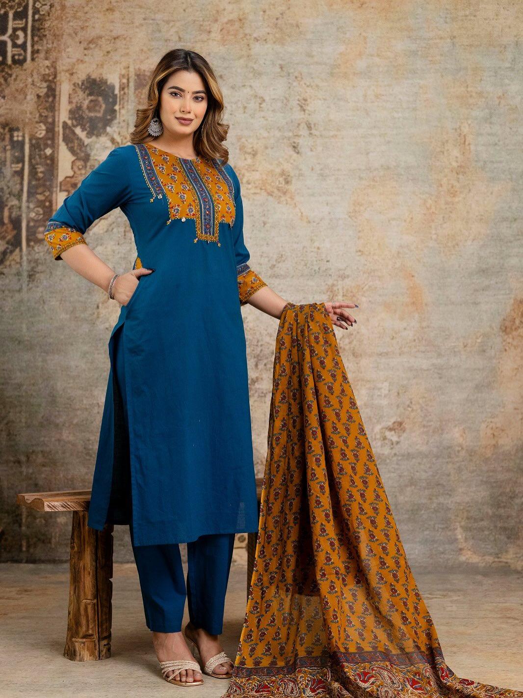 Teal Blue Cotton Suit Set with Mustard Embroidered Yoke & Printed Dupatta