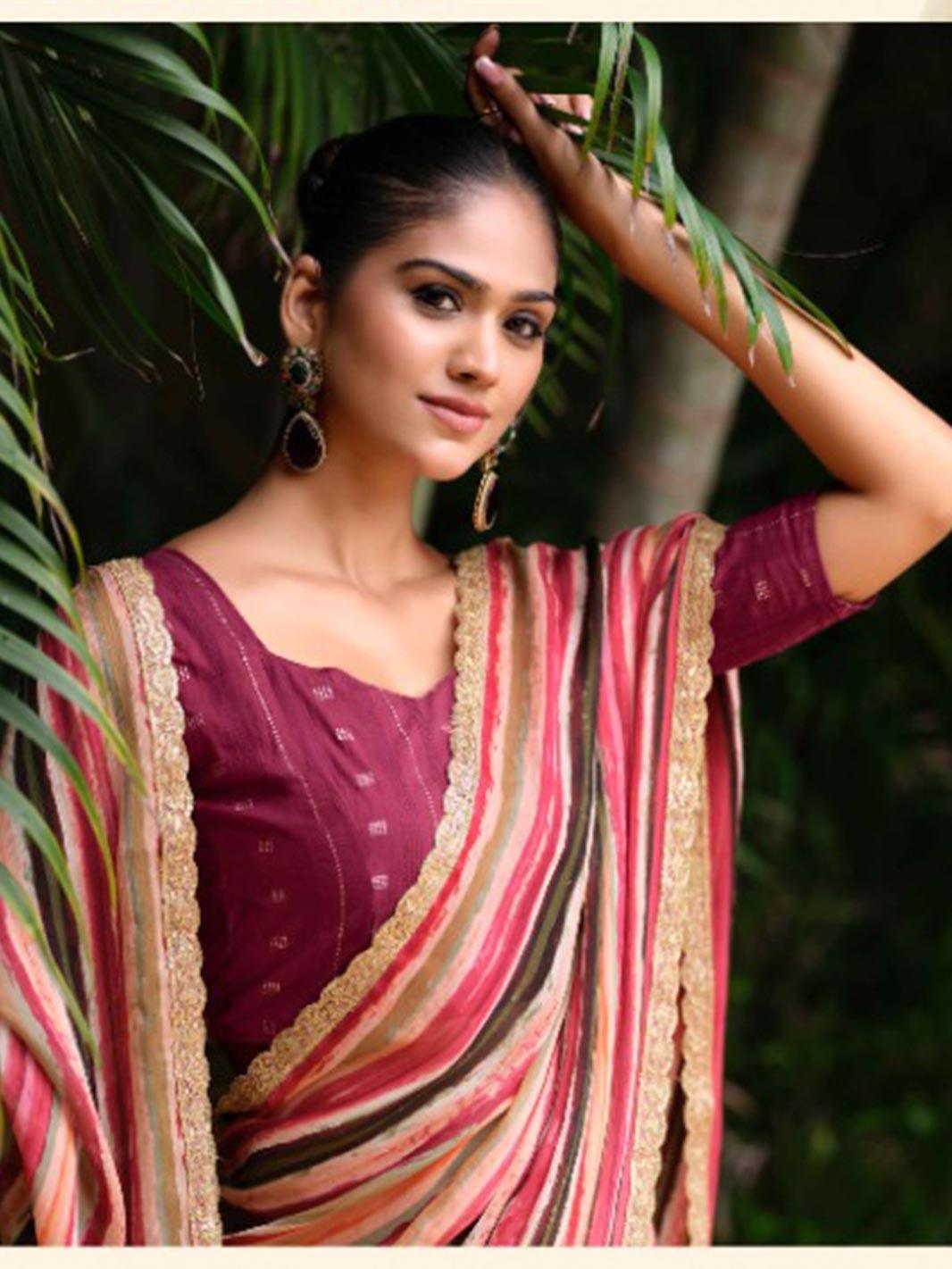 Multicolor Striped Saree with Contrast Blouse