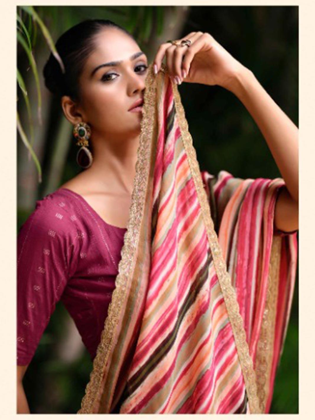 Multicolor Striped Saree with Contrast Blouse