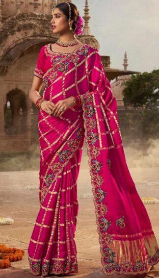 Designer Rani Pink Silk Saree with Heavy Embroidery & Zari Border