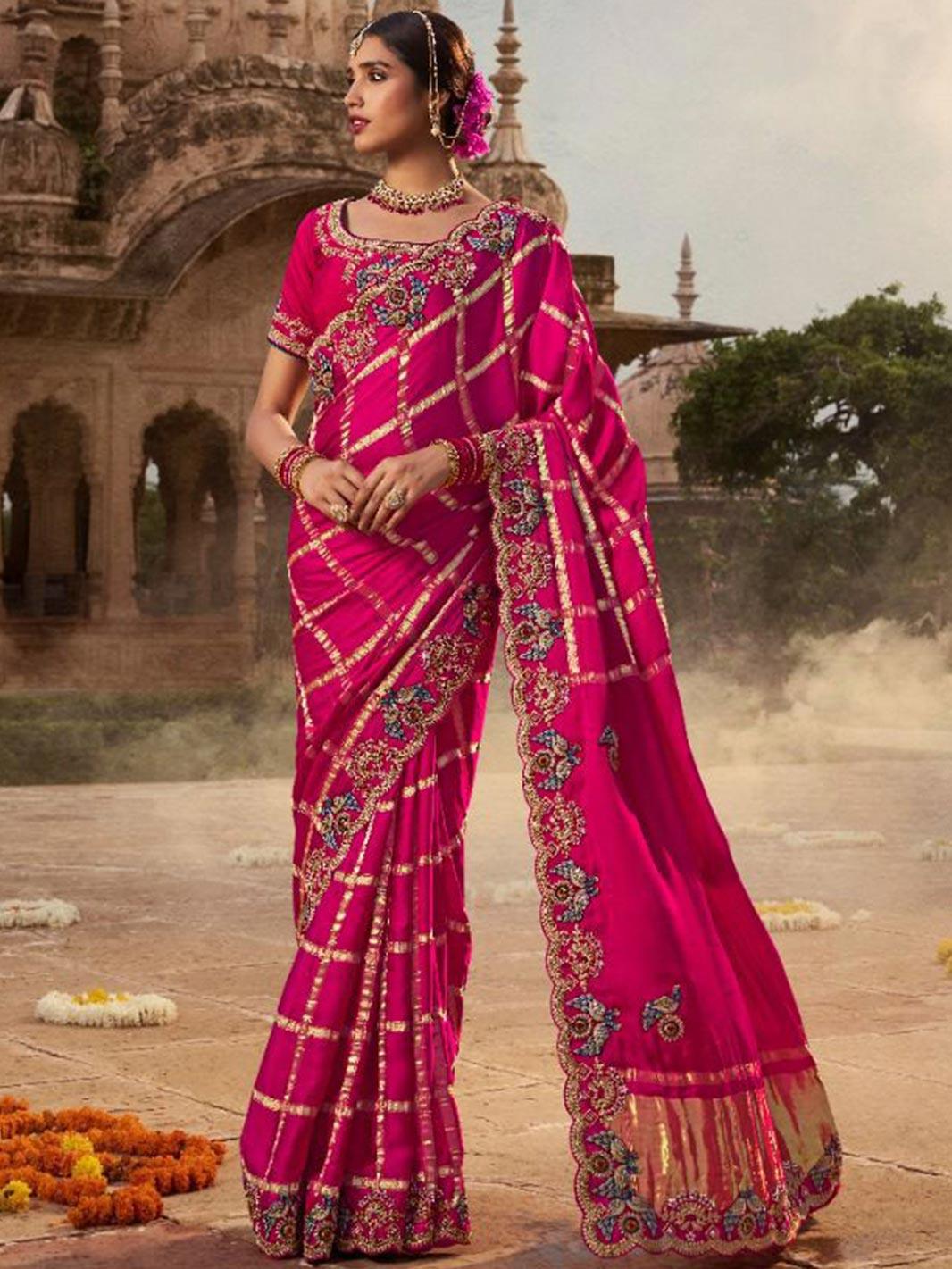 Designer Rani Pink Silk Saree with Heavy Embroidery & Zari Border