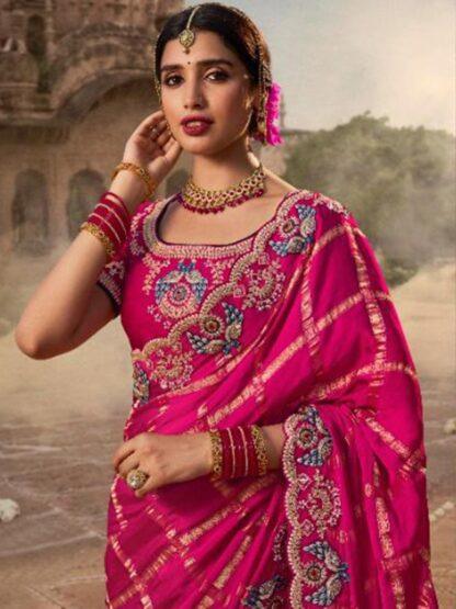 Designer Rani Pink Silk Saree with Heavy Embroidery & Zari Border