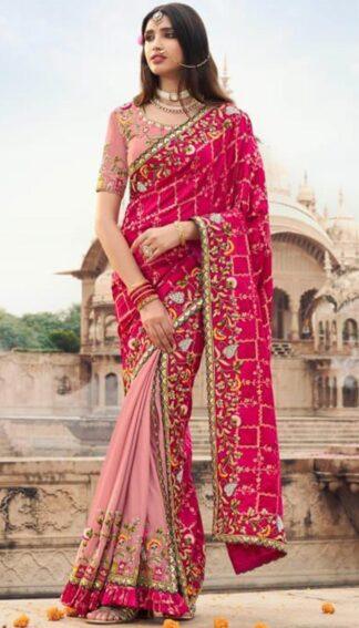 Designer Rani Pink & Peach Half-Half Embroidered Silk Saree with Blouse