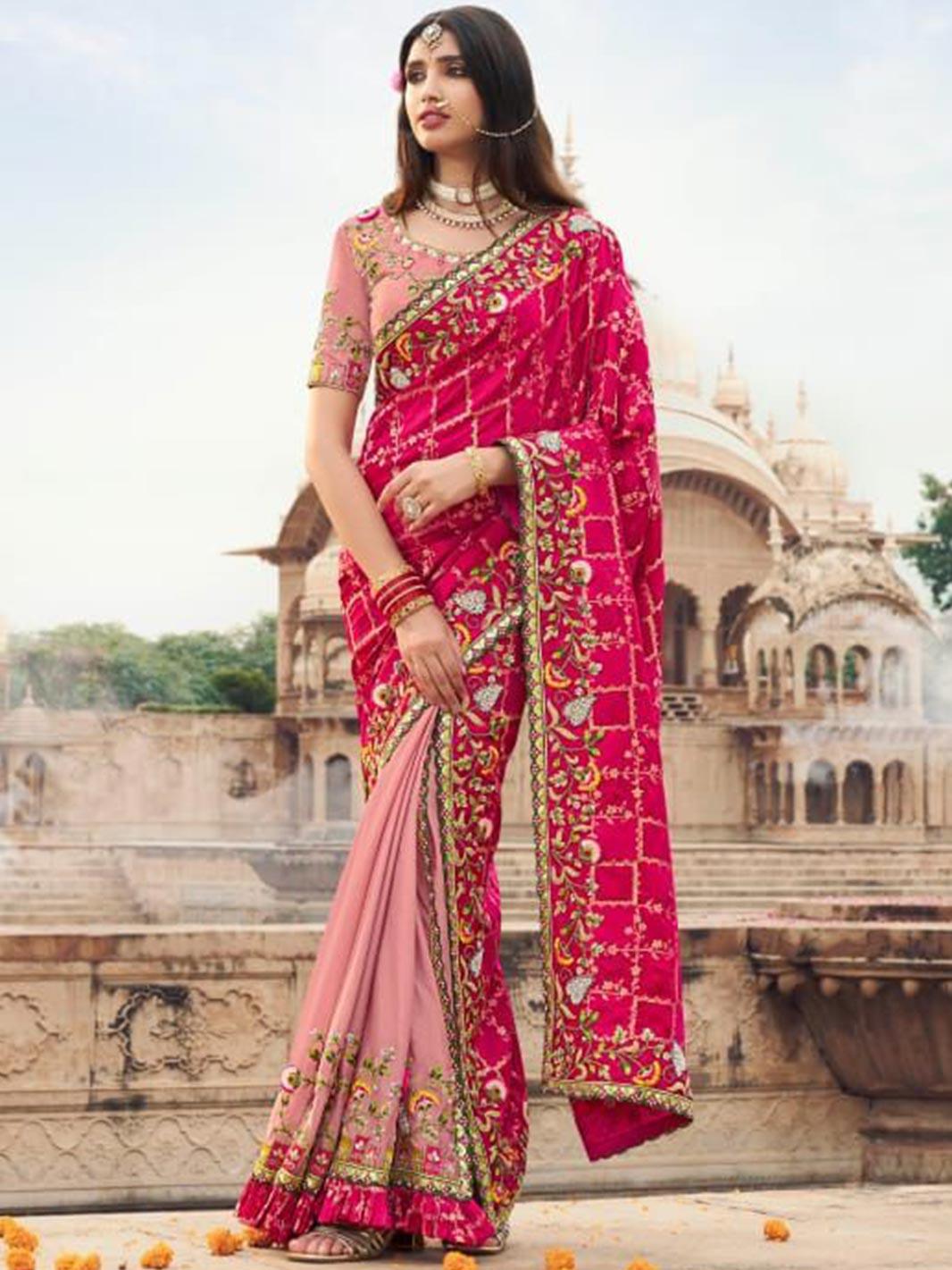 Designer Rani Pink & Peach Half-Half Embroidered Silk Saree with Blouse