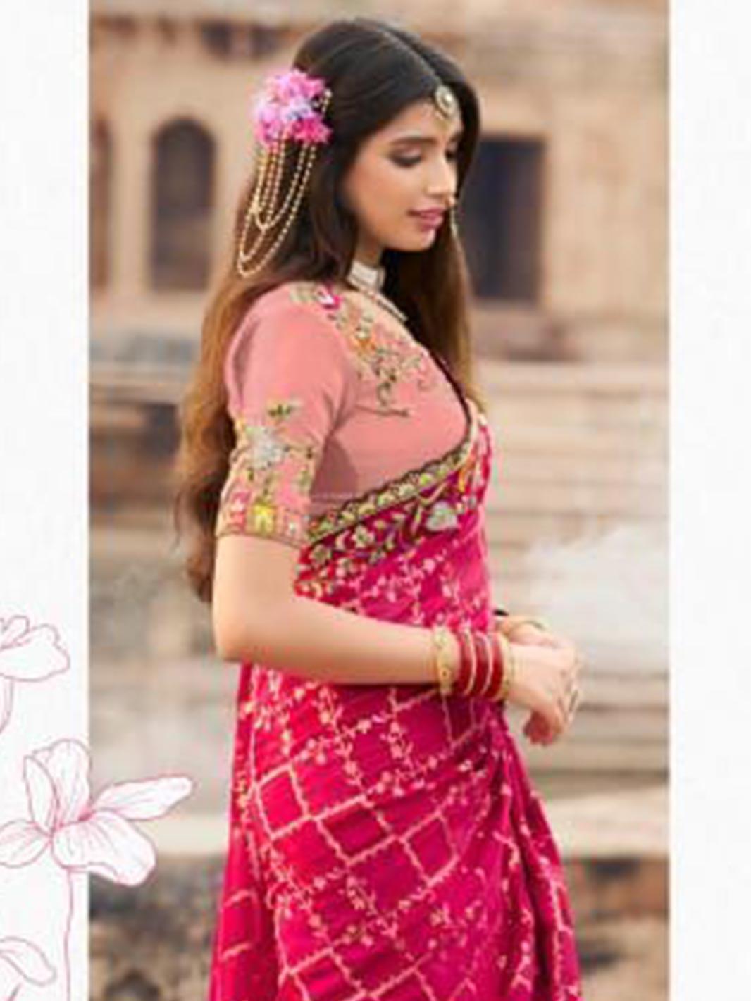 Designer Rani Pink & Peach Half-Half Embroidered Silk Saree with Blouse