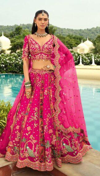 Designer Rani Pink Embroidered Lehenga with Peacock Motifs & Net Dupatta