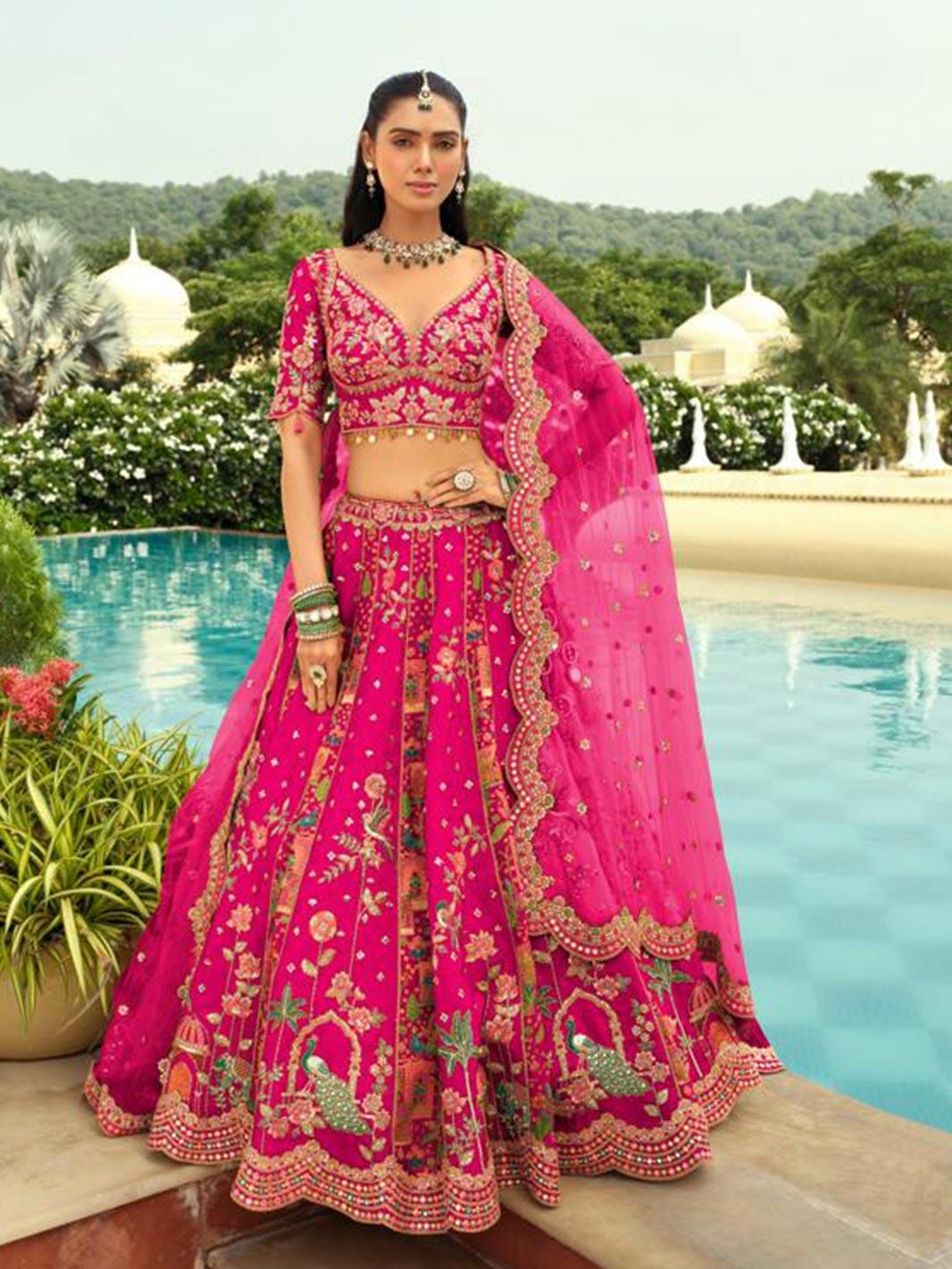 Designer Rani Pink Embroidered Lehenga with Peacock Motifs & Net Dupatta