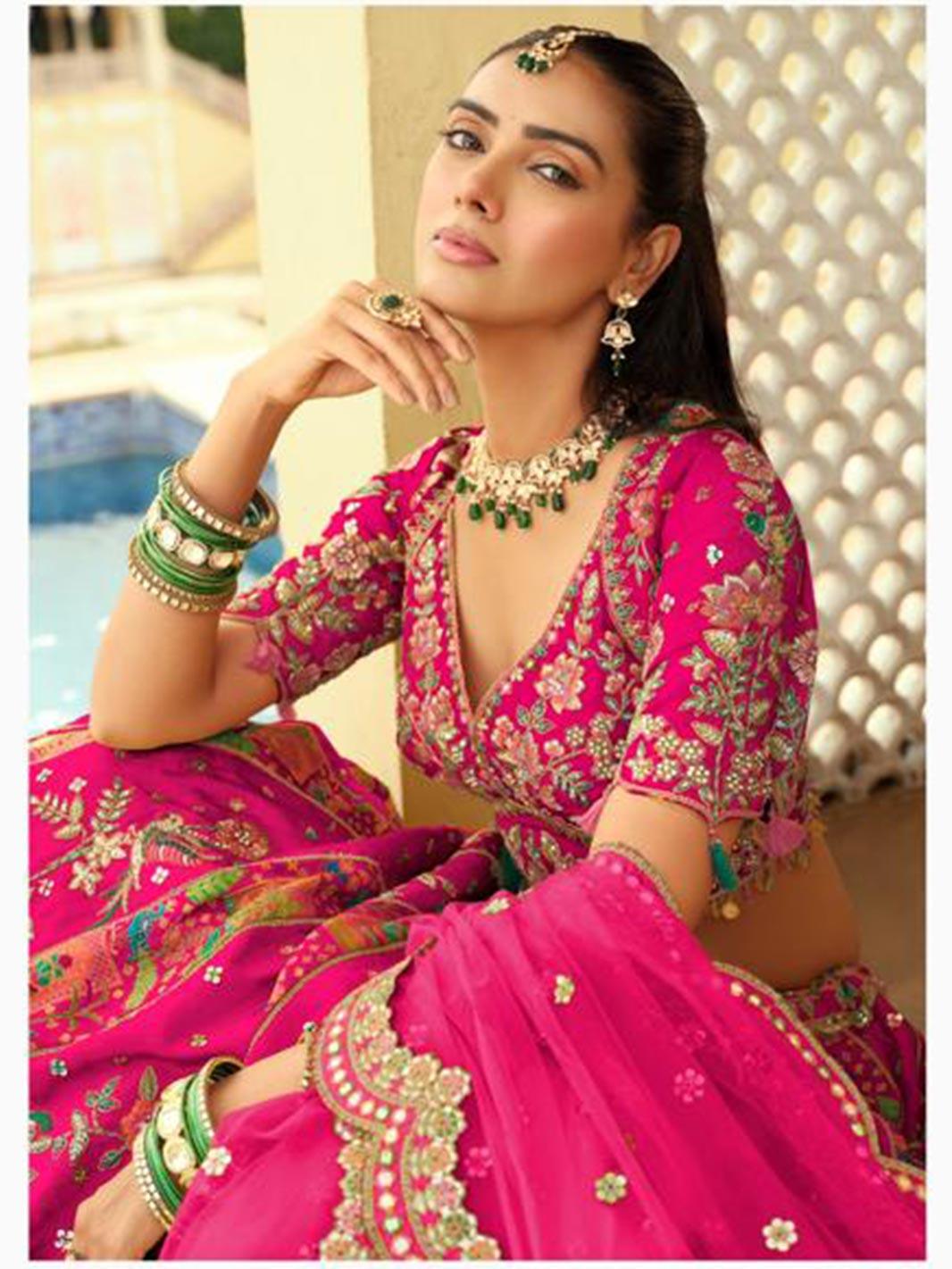 Designer Rani Pink Embroidered Lehenga with Peacock Motifs & Net Dupatta