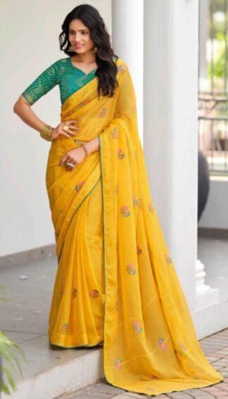 Bright Yellow Chiffon Saree with Green Blouse & Floral Embroidery