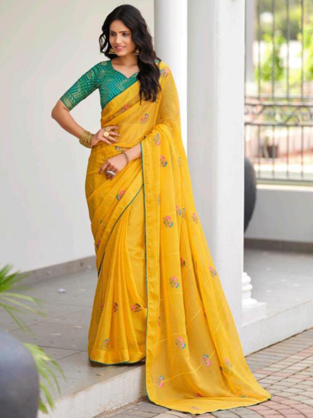 Bright Yellow Chiffon Saree with Green Blouse & Floral Embroidery
