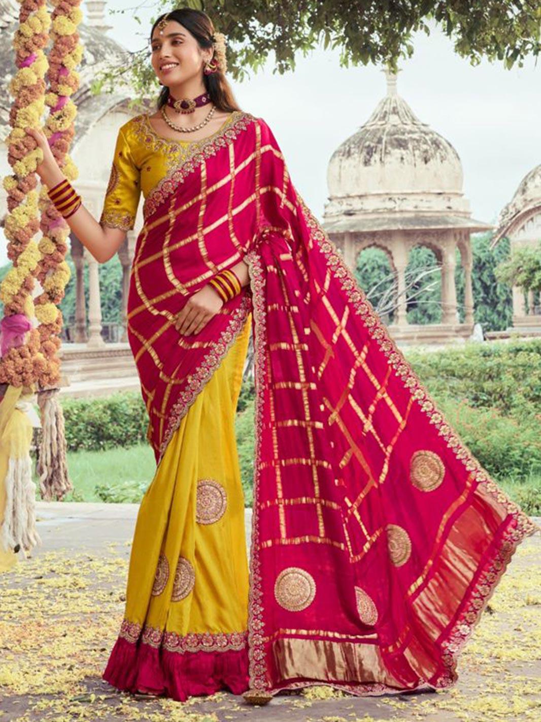 Designer Rani & Yellow Half-Half Saree with Embroidery