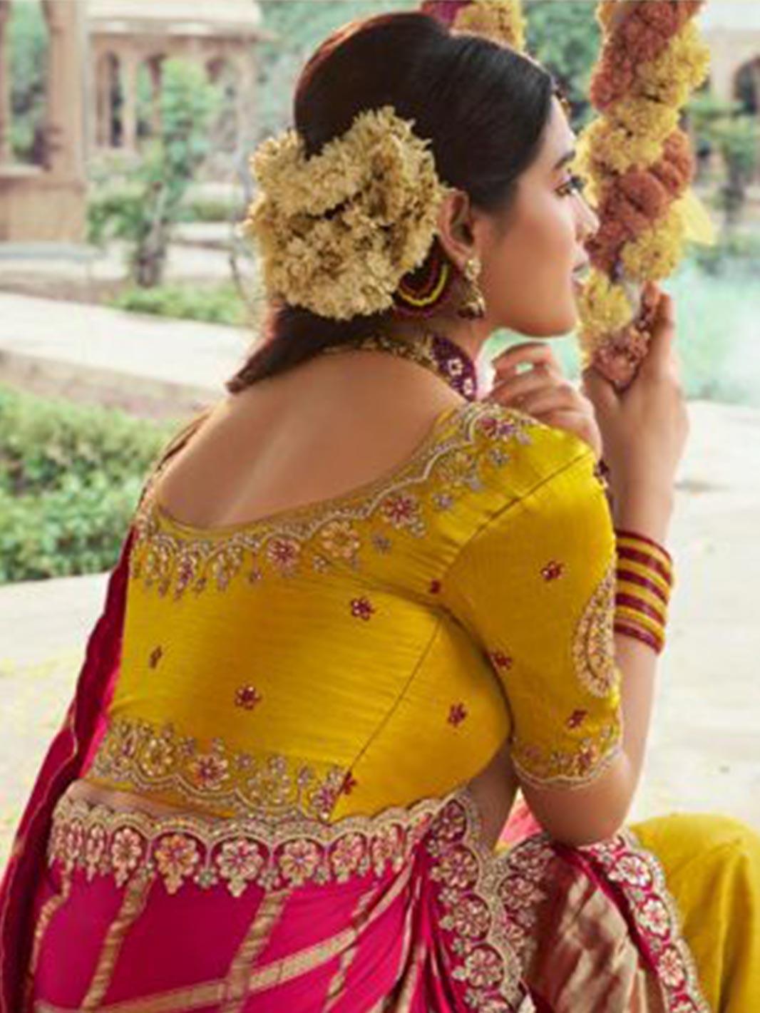 Designer Rani & Yellow Half-Half Saree with Embroidery