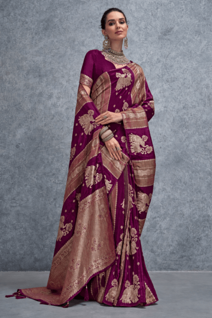 magenta and gold saree