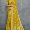 Elegant mustard yellow Banarasi silk saree with intricate floral zari weaving and rich traditional border, perfect for wedding, festive and party wear occasions.