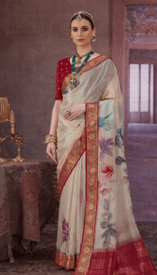 Woman wearing an off-white silk saree with rich red and gold zari border and pastel floral prints, paired with a red blouse and traditional jewellery in a royal indoor setting.