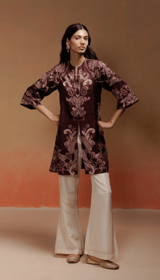 Wine Silk Printed Kurta Pant Set