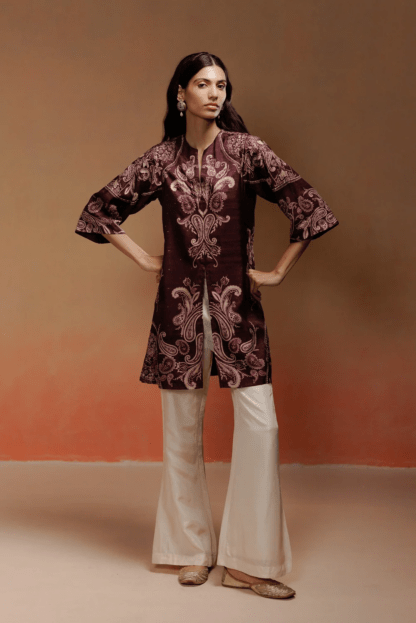 Wine Silk Printed Kurta Pant Set